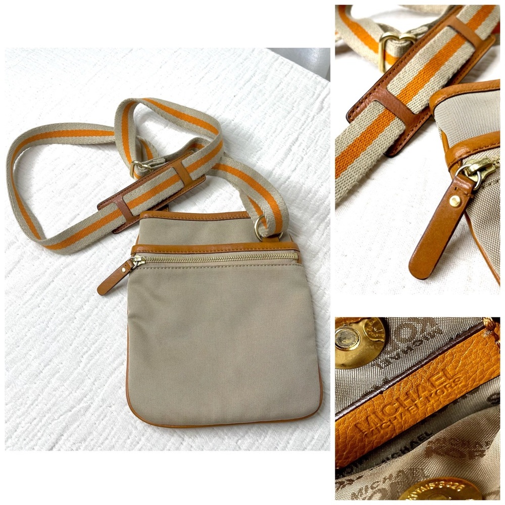 MICHAEL KORS Crossbody Bag Handbag Nylon Stripe Gold Tan Taupe Orange Small